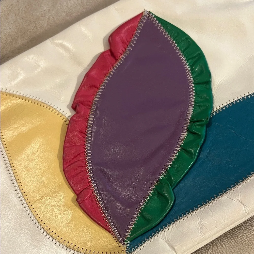 Vintage 1980s Leather Patchwork Color-Block Leaf Appliqué Clutch Pouch Bag